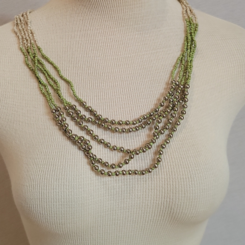 Handcrafted beaded necklace with green & silver